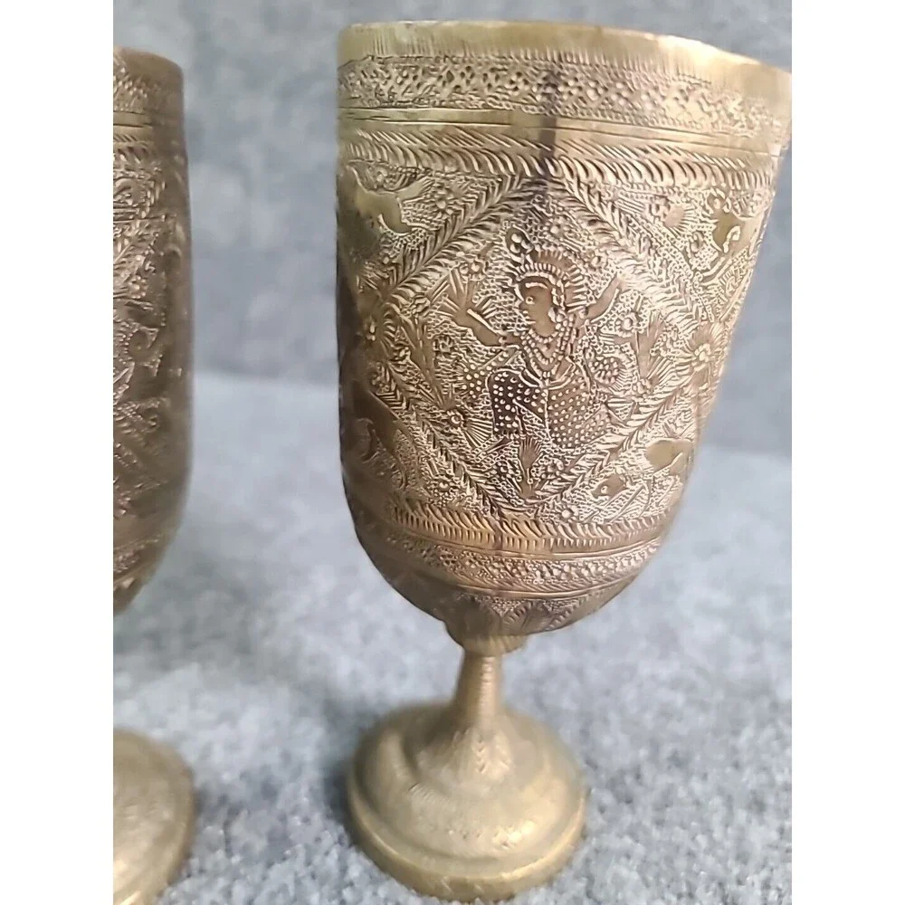 Vintage Set Of 2 Rare Handetched Brass Goblets Chalise Removable Stems His & Her